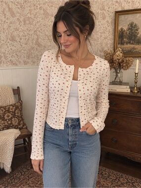 Very‎ J Cream Floral Button-Front Cardigan